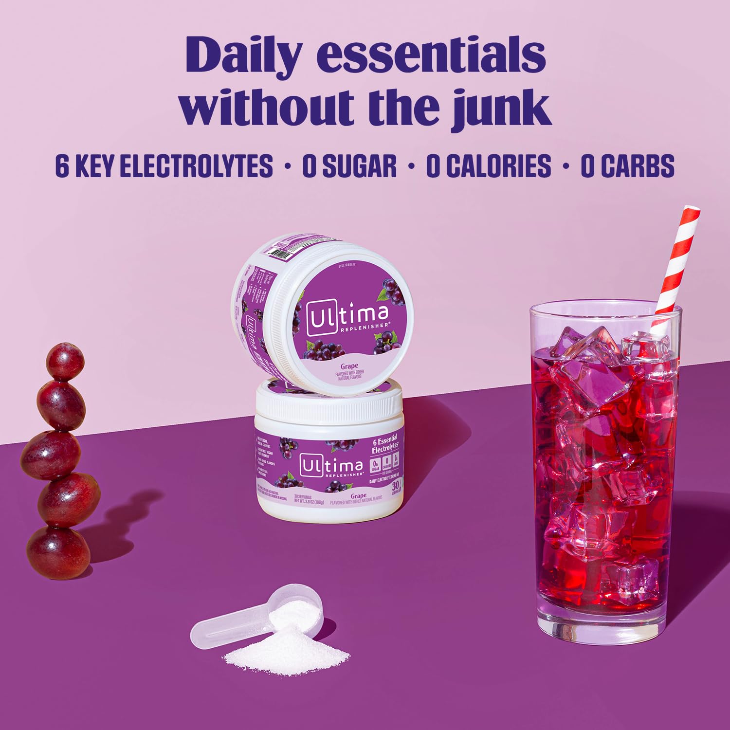 Ultima Replenisher Daily Electrolyte Powder Drink Mix – Sugar Free – Grape, 30 Servings – Hydration Powder with 6 Key Electrolytes and Trace Minerals – Keto Friendly, Vegan, Non-GMO