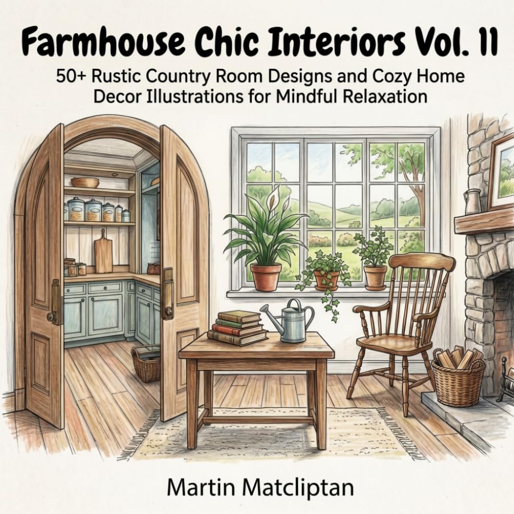Farmhouse Chic Interiors Vol. 11: 50+ Rustic Country Room Designs and Cozy Home Decor Illustrations for Mindful Relaxation (Cozy Cottage & Slow Living)