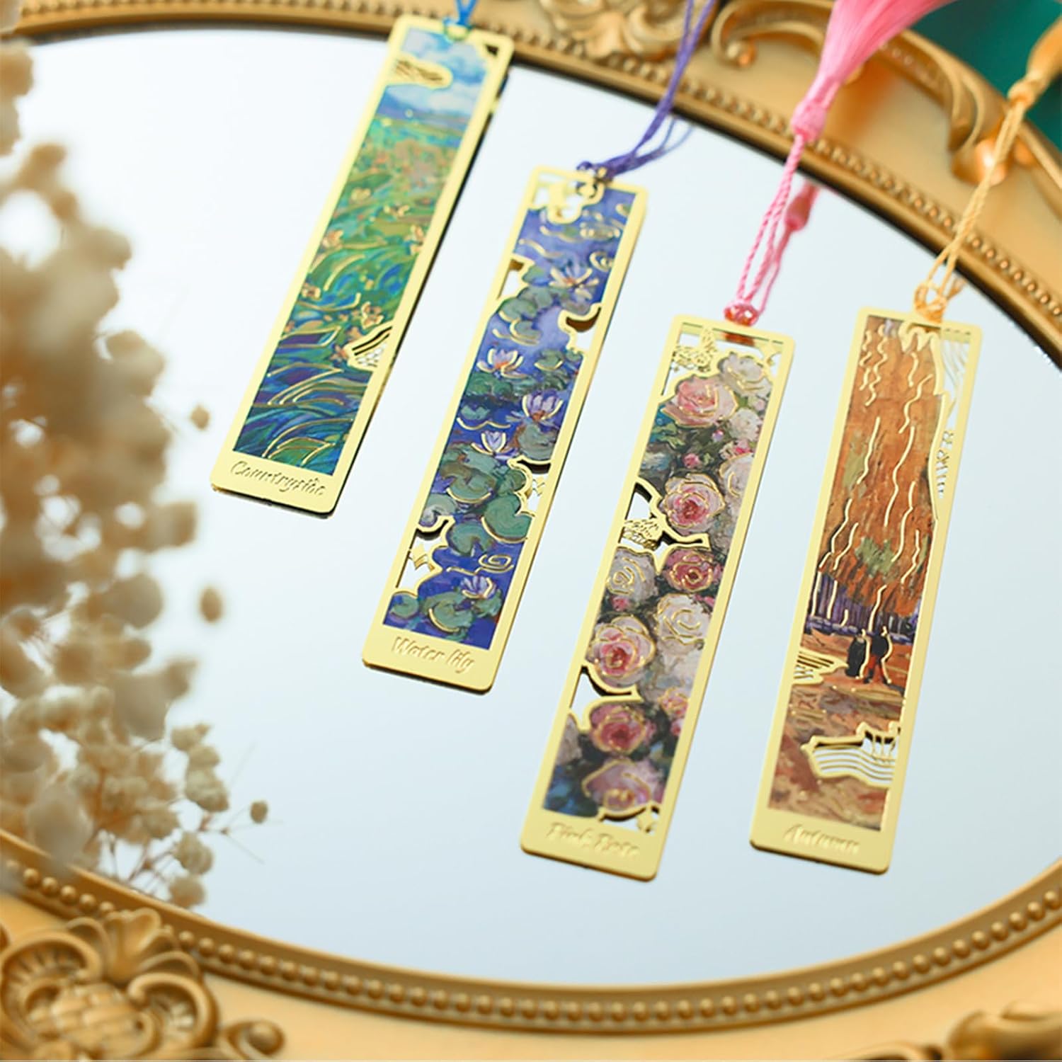 4 Pieces Metal Bookmarks with Tassel, Handmade Golden Hollow Bookmark Oil Painting Theme Book Mark Bookmarks for Book Lovers Writers Readers Children Teens Men Women Adults - Image 2