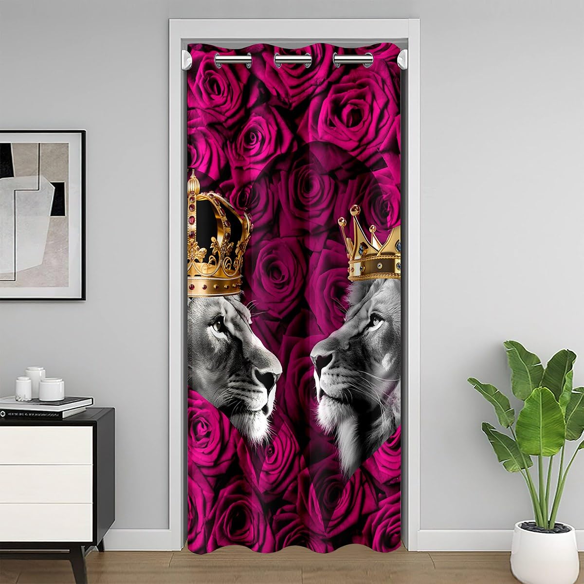 richhome Pink Rose Door Curtain34 W X80 L Lion Couple Wild Jungle Animals Doorway Curtain Privacy For Kids Teens Adults Golden Crown Abstract Romantic Flowers Drape For Bedroom Doors Windows — image 1