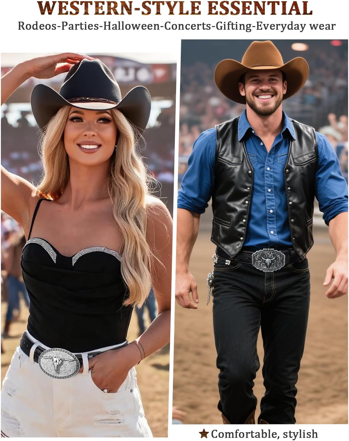 Leather Western Buckle Belts for Woman Men Christmas Gifts, Cowboy Cowgirl Country Embossed Belt for Jeans - Image 2