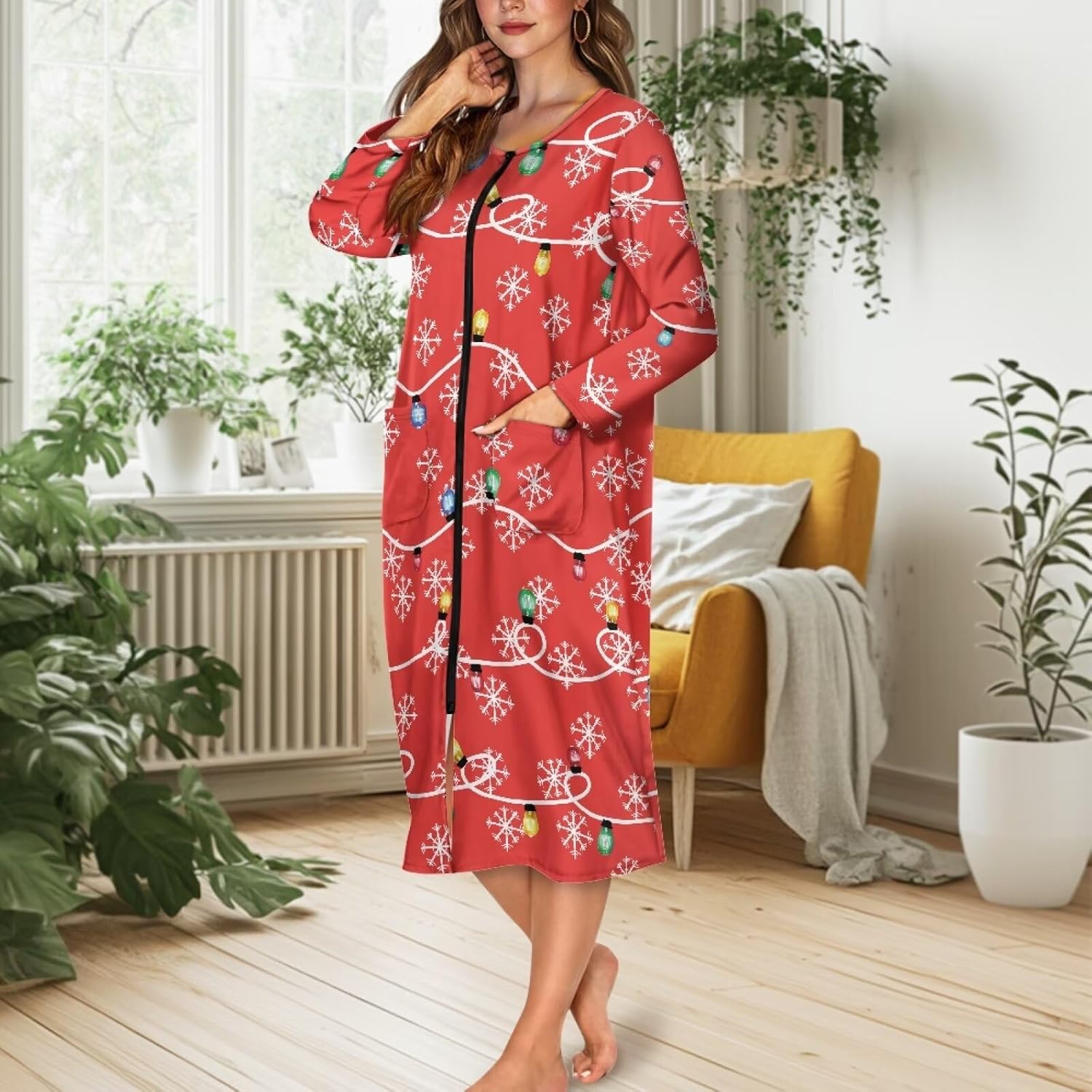 Womens Crewneck Sleepshirts Long Sleeve Night Shirt with Pockets, Lightweight Housedress Bathrobe Pajama Nightgowns