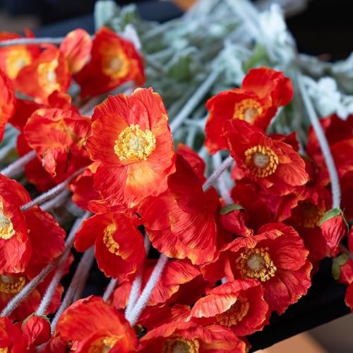 Miniatura 7 de Ramo de seda de 6 tallos de flores artificiales, para boda, hogar, decoración de fiesta, arreglo de centro de mesa (naranja oscuro)