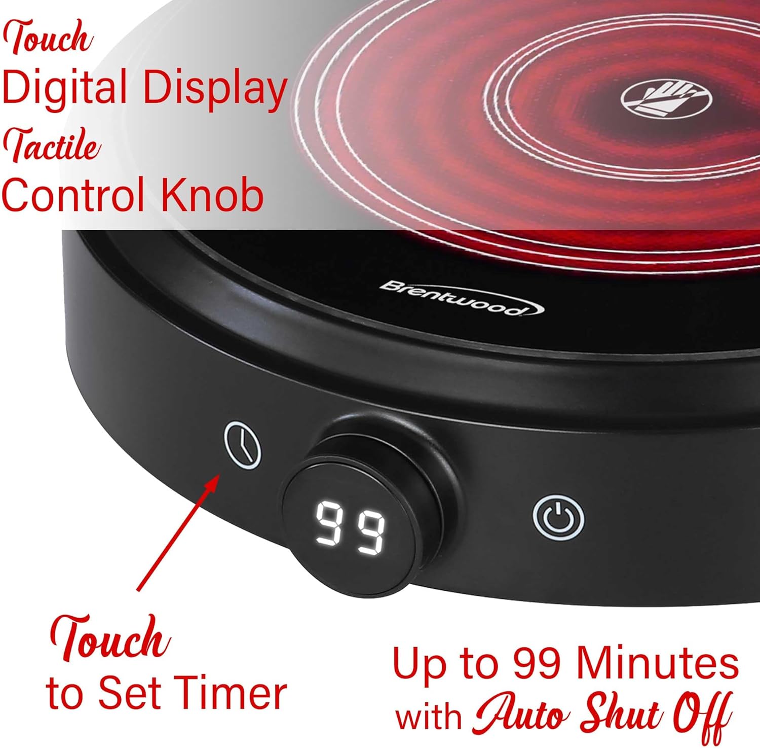 Brentwood Select 1500w 10-Inch Countertop Infrared Single Burner with Digital Touch Buttons, Knob, 9 Heat Settings, 99 Minute Timer, Black
