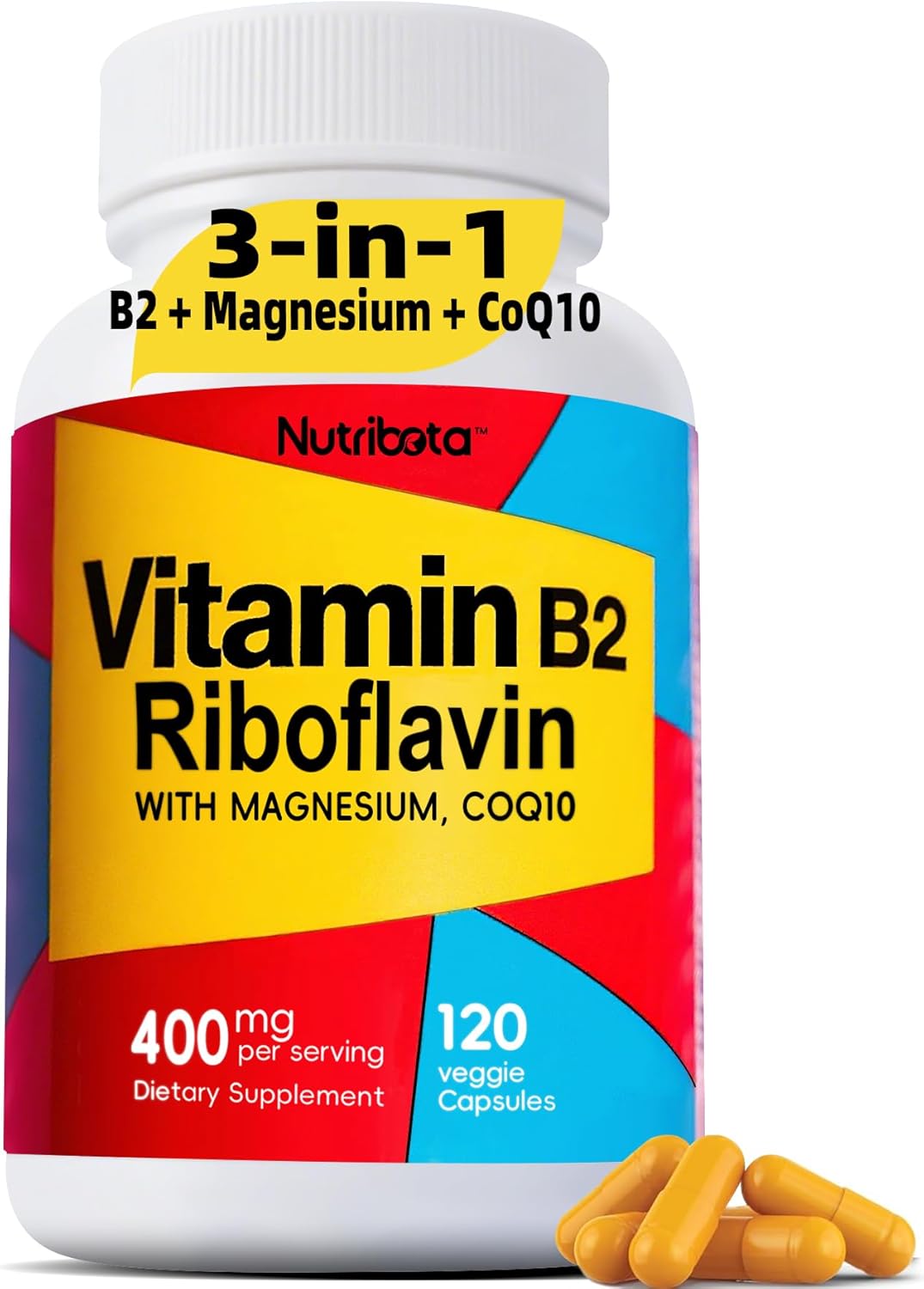 Vitamin B2 Riboflavin 400mg with Magnesium & CoQ10, High Potency Vitamin B2 Supplement for Energy Metabolism & Daily Wellness, 120 Veggie Capsules, 60 Day Supply