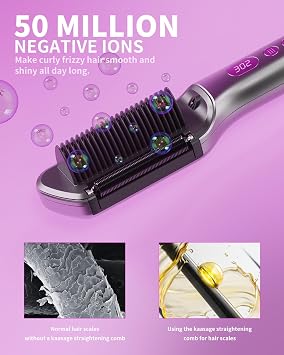 Hair Straightening Brush Hot Oil 9 Temp Ionic Hair Straightener Comb with LED Display, Fast Heating PTC Tech & Heat Shield, Auto Shut-Off Kaasage 2-in-1