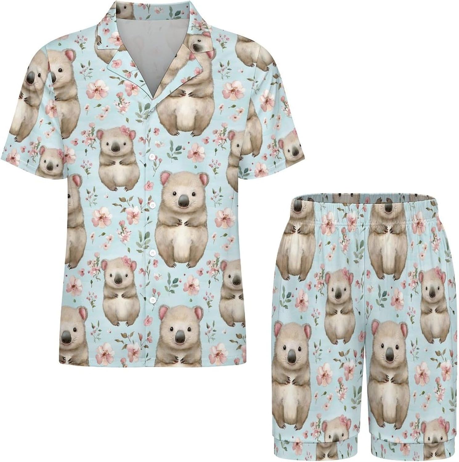 Cute Wombat And Flowers Pattern Men's Short Sleeve Pajama Set Satin Silk Like Lounge Sleepwear