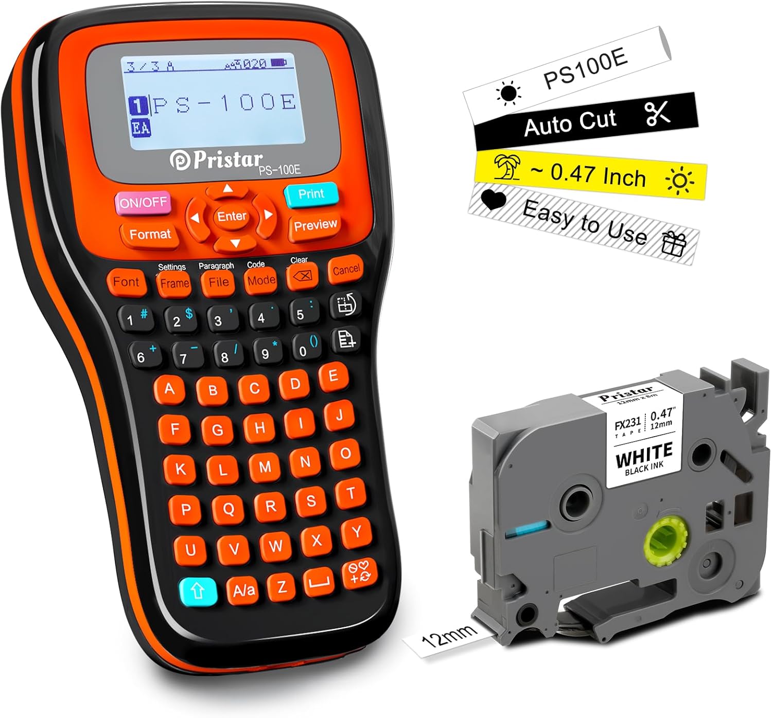 Pristar PS-100E Label Maker with display showing features like auto-cut and 0.47 inch tape compatibility