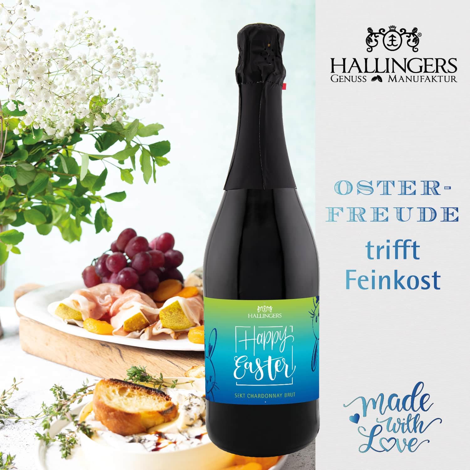 Hallingers Genuss Manufaktur Feinkost Oster-Geschenk-Set - XXL-Geschenkkorb "Gruß vom Osterh..." großer Ostergruß Ostereier, Gewürz, Sekt, Schoki, Duftkerze & viel mehr, Ostern Körbchen für Frauen