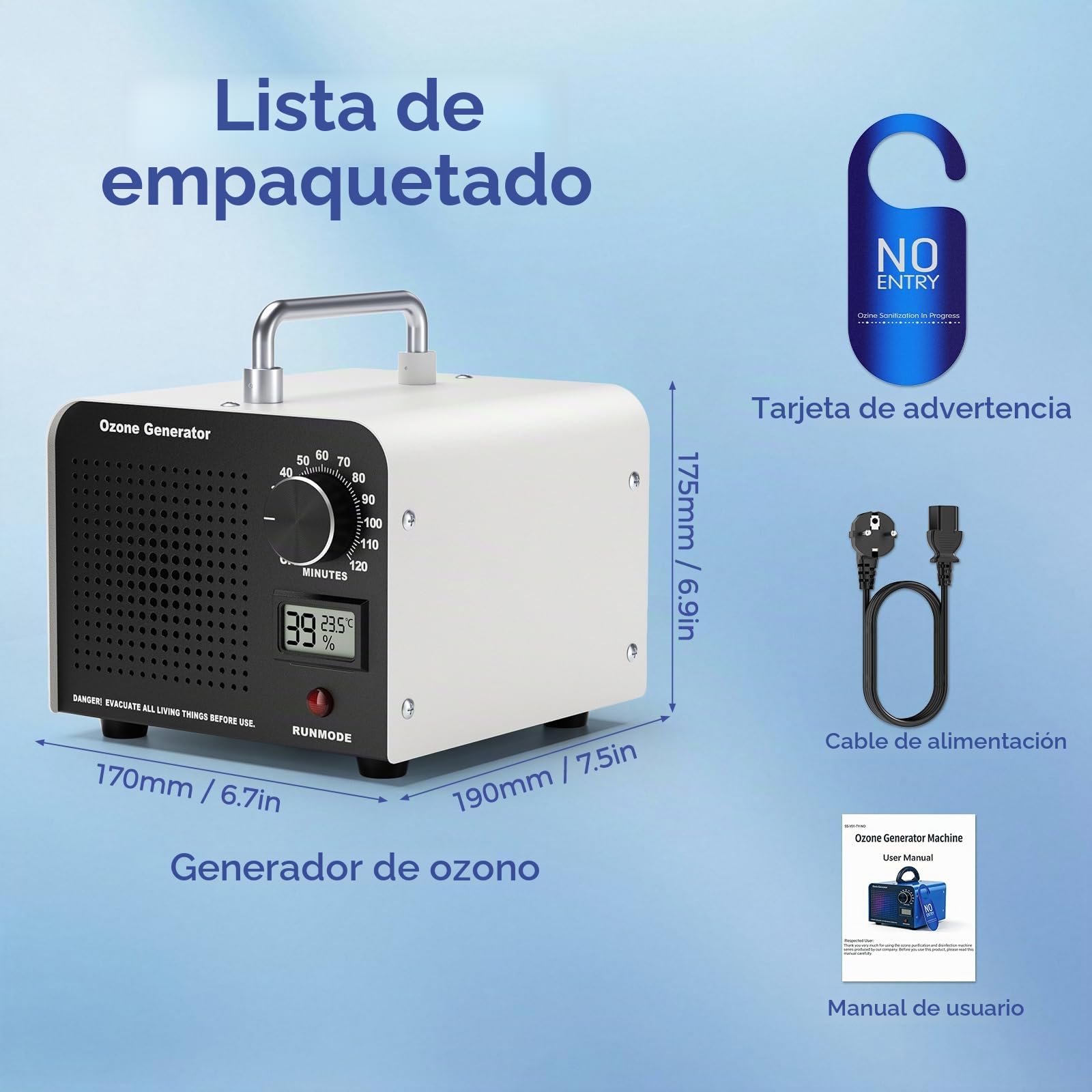 Generador de Ozono 60000 mg/h, Purificador de Aire, con Pantalla de Temperatura y Humedad, Temporizador de 120 Minutos para Espacio de 320㎡ para Hogar, Coche, Oficina, Garaje