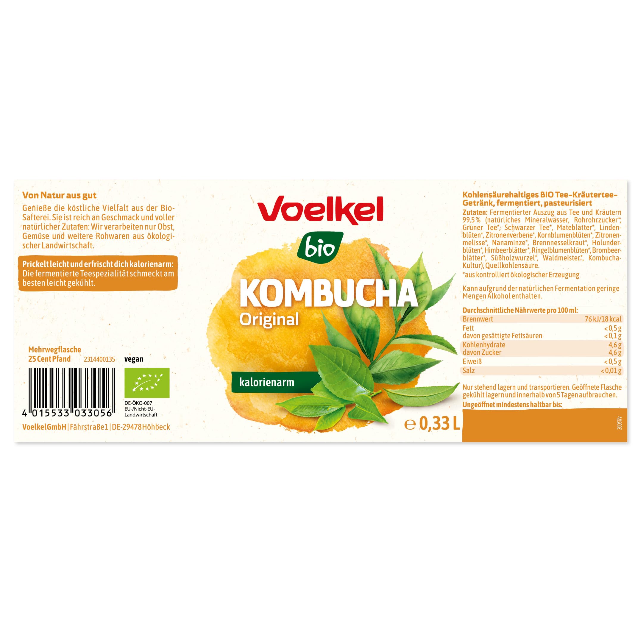 Voelkel Kombucha Original 330ml 12er-Pack | Regionale Bioqualität, Aus Deutschland