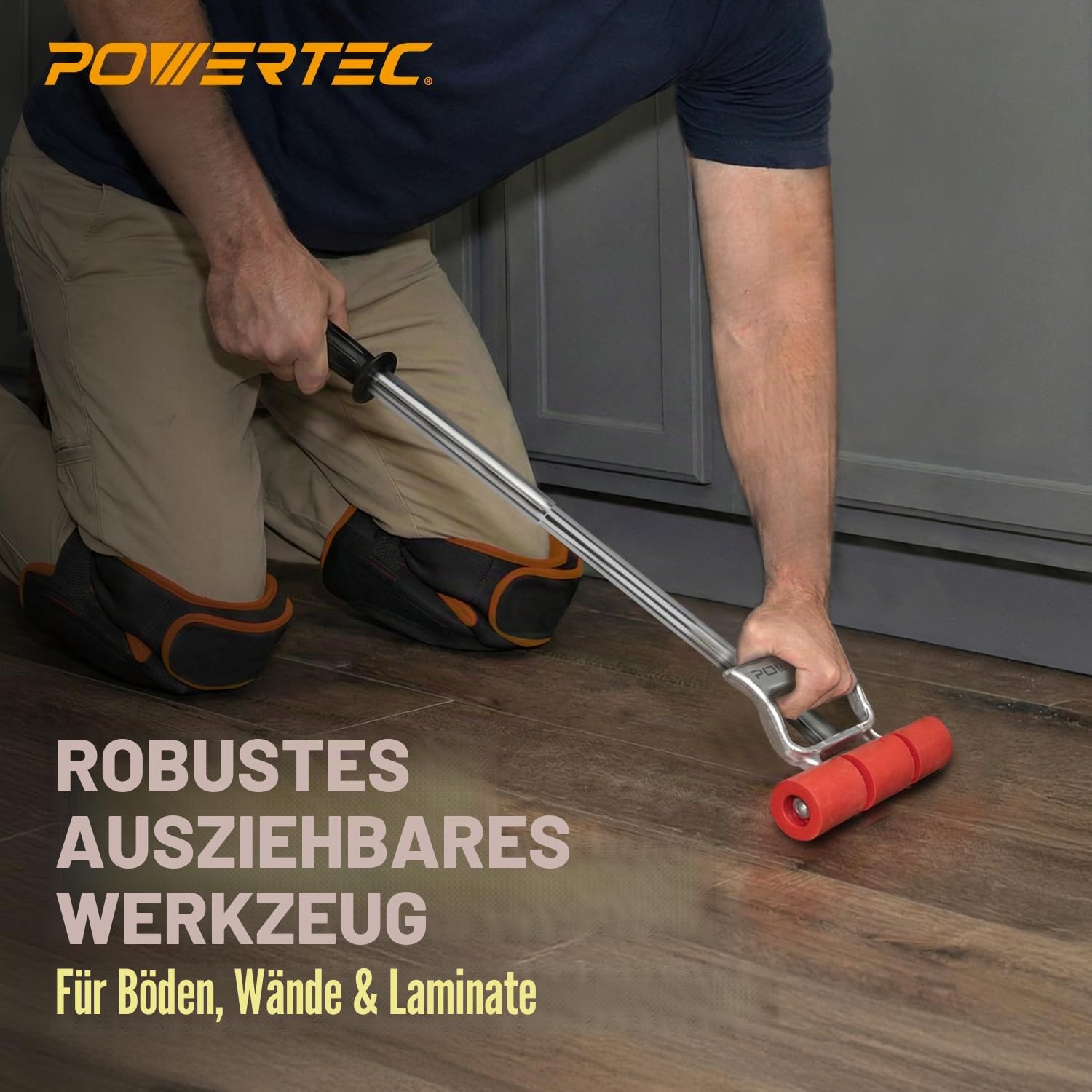 POWERTEC 71033 Ausziehbare Boden- und Wandrolle für Vinylböden, Fliesen und Linoleum, Walze mit ausziehbarem Griff von 43 cm bis 67 cm, 19 cm breit, für LVP, Furnier, Teppich, Wandverkleidungen, 1