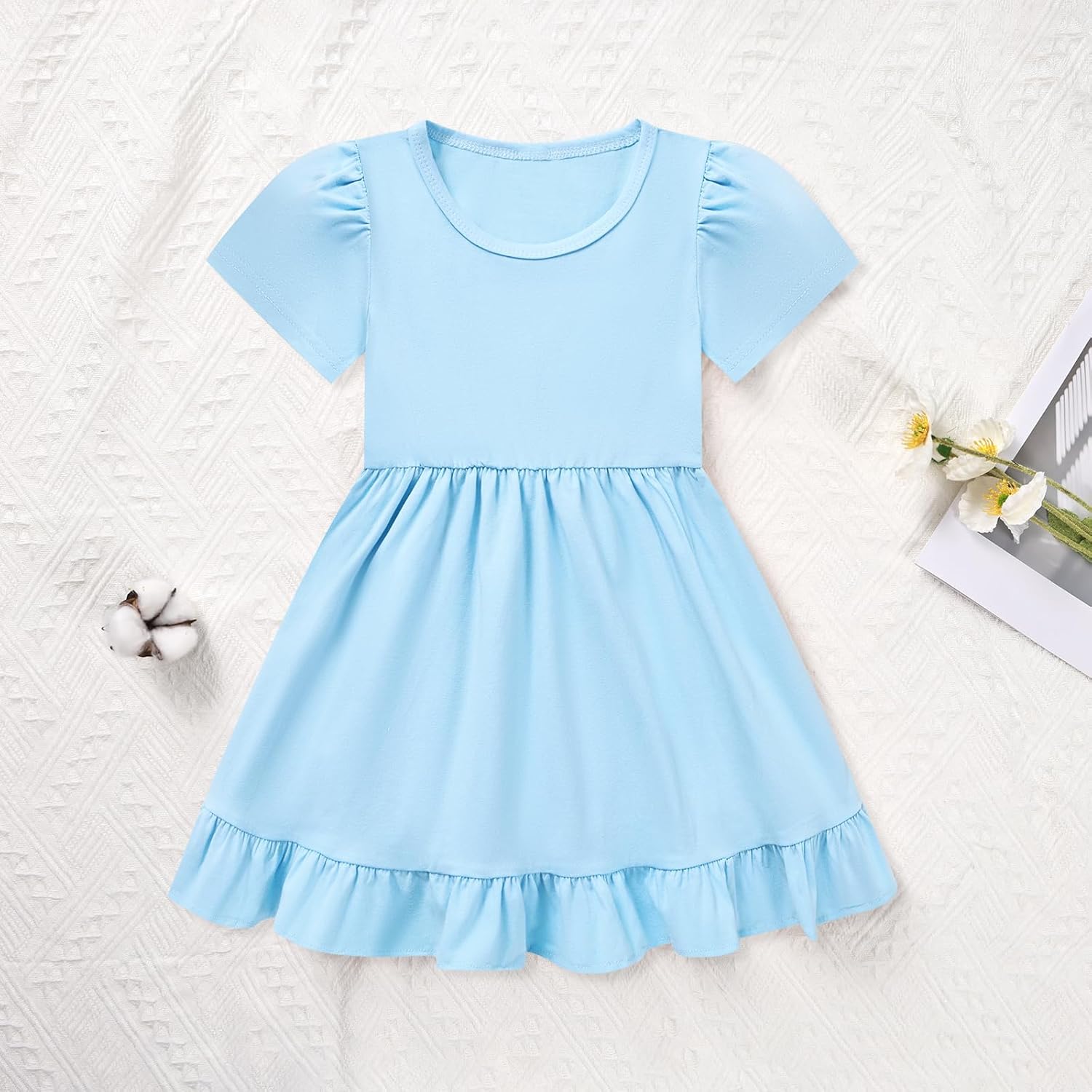 Little Girl Summer Dress Girls Puff Short Sleeve Ruffle Dress Solid Color A-Line Dresses 3-8 Years - Image 5