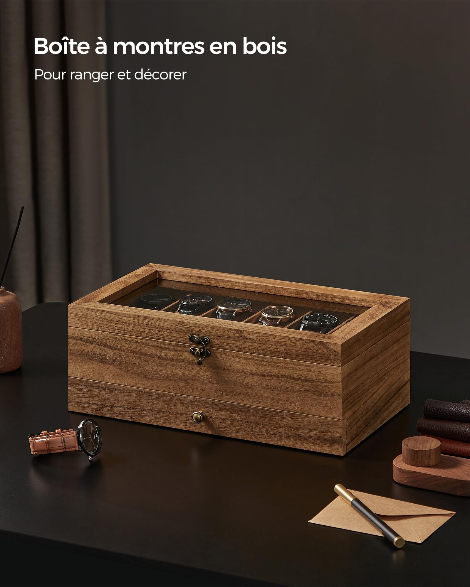 SONGMICS Boîte à Montres 12 Emplacements, Écrin à Montres en Bois, avec Couvercle en Verre, Coussinets pour Montres, Doublure en Velours, Coffre à Bijoux, Couleur Noisette JOW012K01
