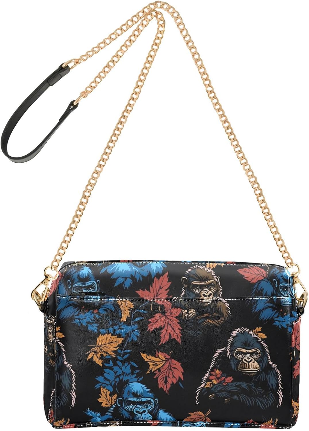 Women Crossbody Bag Shoulder Handbag Cellphone Purse Forest Gorilla Print, PU Leather Metal Chain Strap Water Resistant Zipper Closure