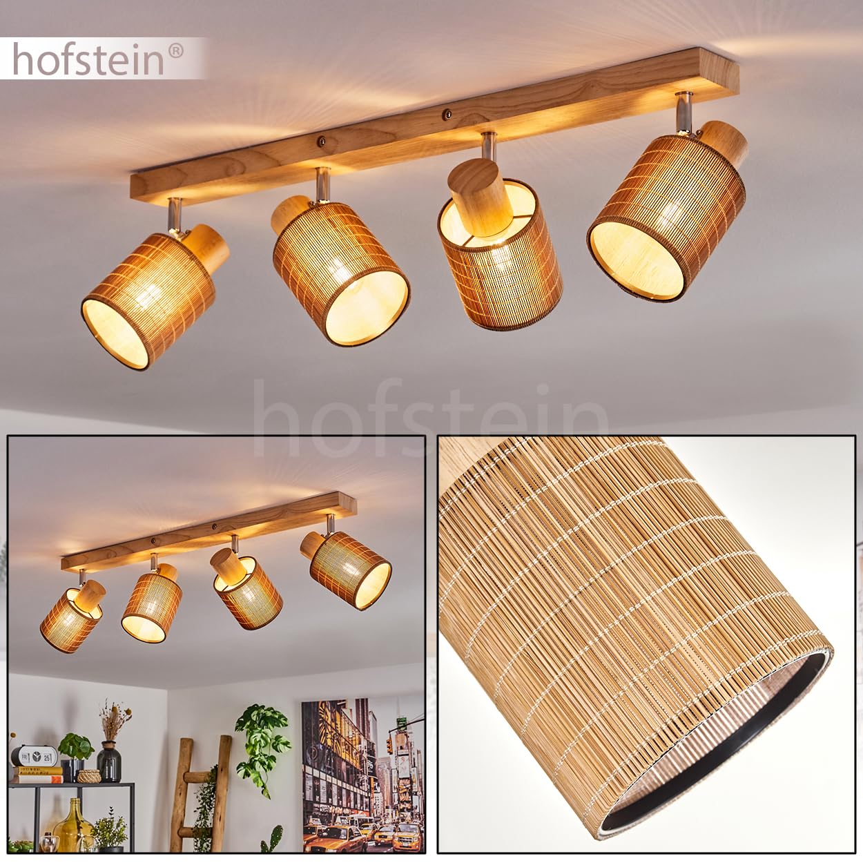 Plafoniera Kinnared, lampada da soffitto moderna in legno/metallo/bambù nei colori naturali/cromati/marrone, lampada a 4 luci dal design scandinavo con faretti regolabili, 4 x E14, senza lampadine