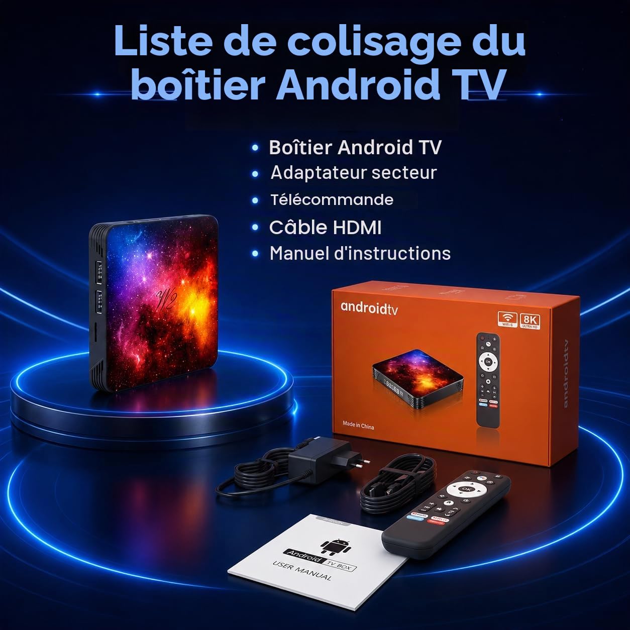 Boîtier TV Android 14 TV Box, 4 Go RAM 64 Go ROM, Décodage 8K H.265, | Quad-Core, HDMI 4K@60Hz,WiFi 6 Double Bande, Bluetooth 5.0, USB 2.0, Mise en Miroir sans Fil