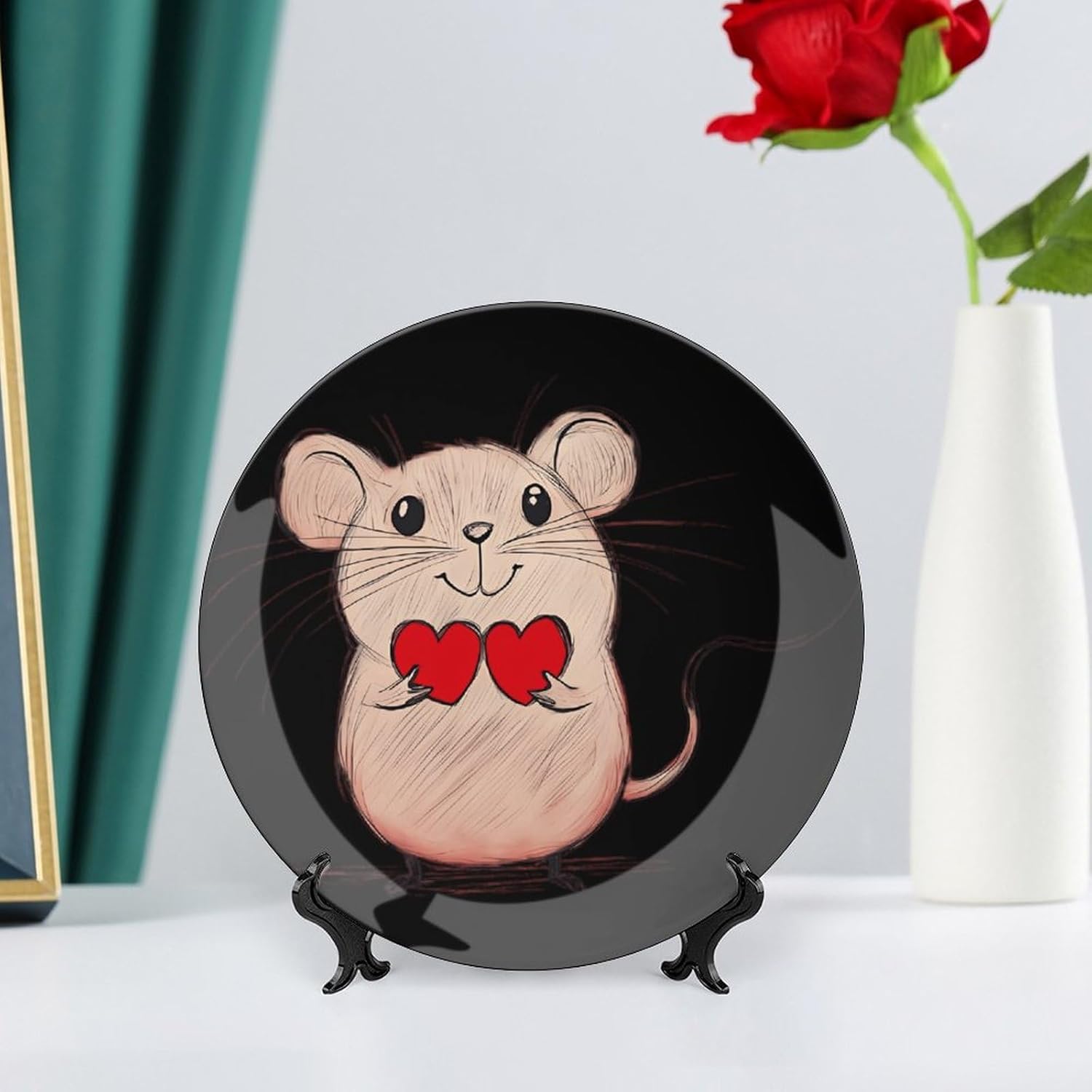 Rats Holding Two Hearts Decorative Plates for Display Ceramic Plate Tray with Stand Hanger Home Decor