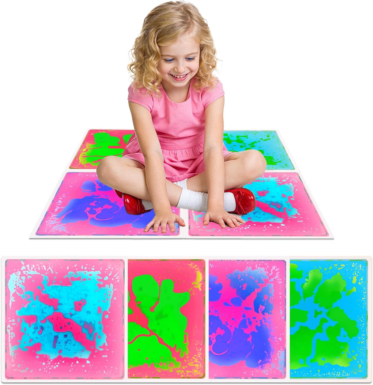 Sensory Liquid Floor Tiles for Kids: Liquid Fusion Activity Mat 4 Pack with One-Piece Glue-Free Sealing - Autism Toddler Must Haves Educational Sensory Water Play Mats Indoor（12x12inch）