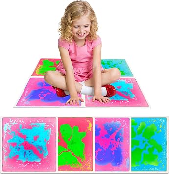 Sensory Liquid Floor Tiles for Kids Liquid Fusion Activity Mat 4 Pack with One-Piece Glue-Free Sealing - Autism Toddler Must Haves Educational Sensory Water Play Mats Indoor12x12inch