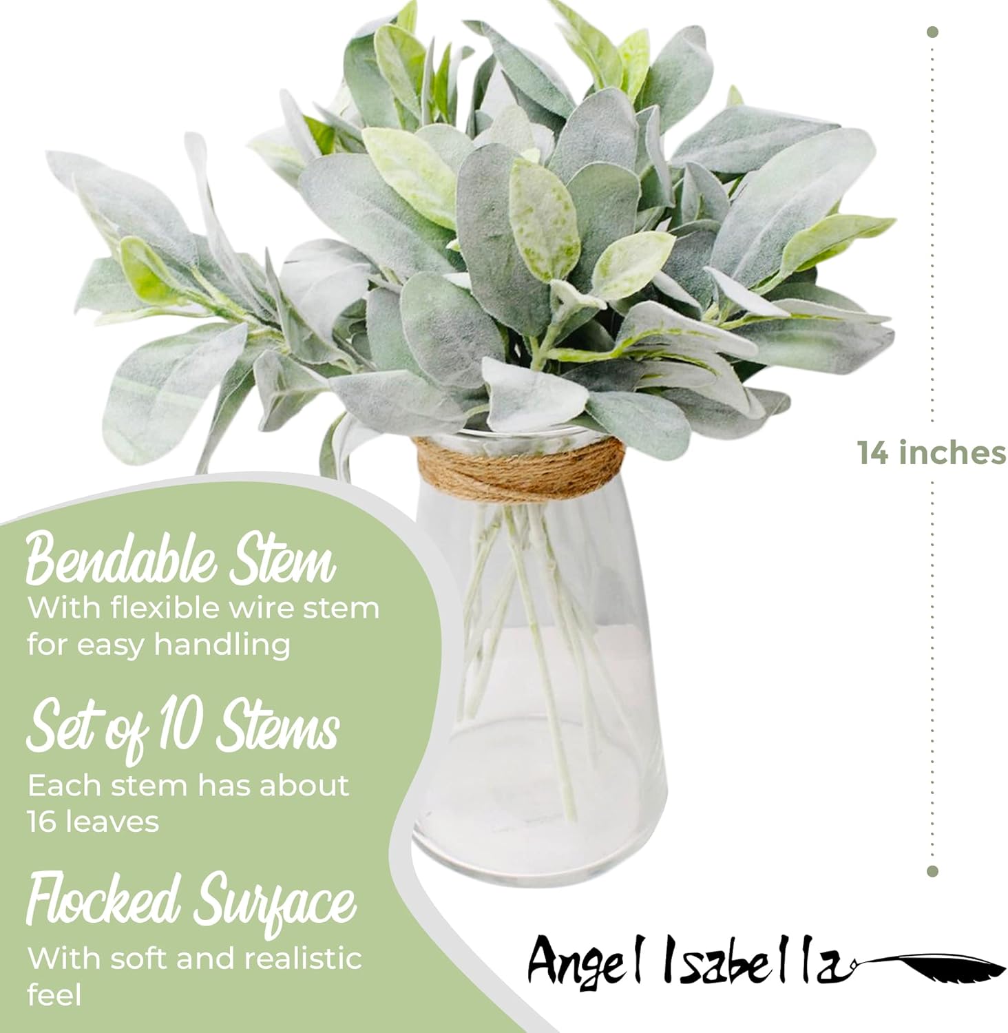 Angel Isabella Realistic Flocked Lamb's Ear - Real Touch Artificial Flowers for Decoration - Beautiful Addition for Flowers Arrangements for Home, Wedding, Corsage, Boutonniere - 10 Stems (Grey Green)