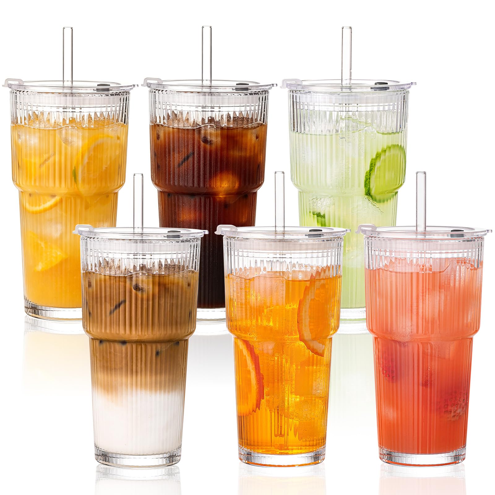 Photo 1 of 20oz Iced Coffee Cups with Lids, Ribbed Glass Cups with Lids and Straws