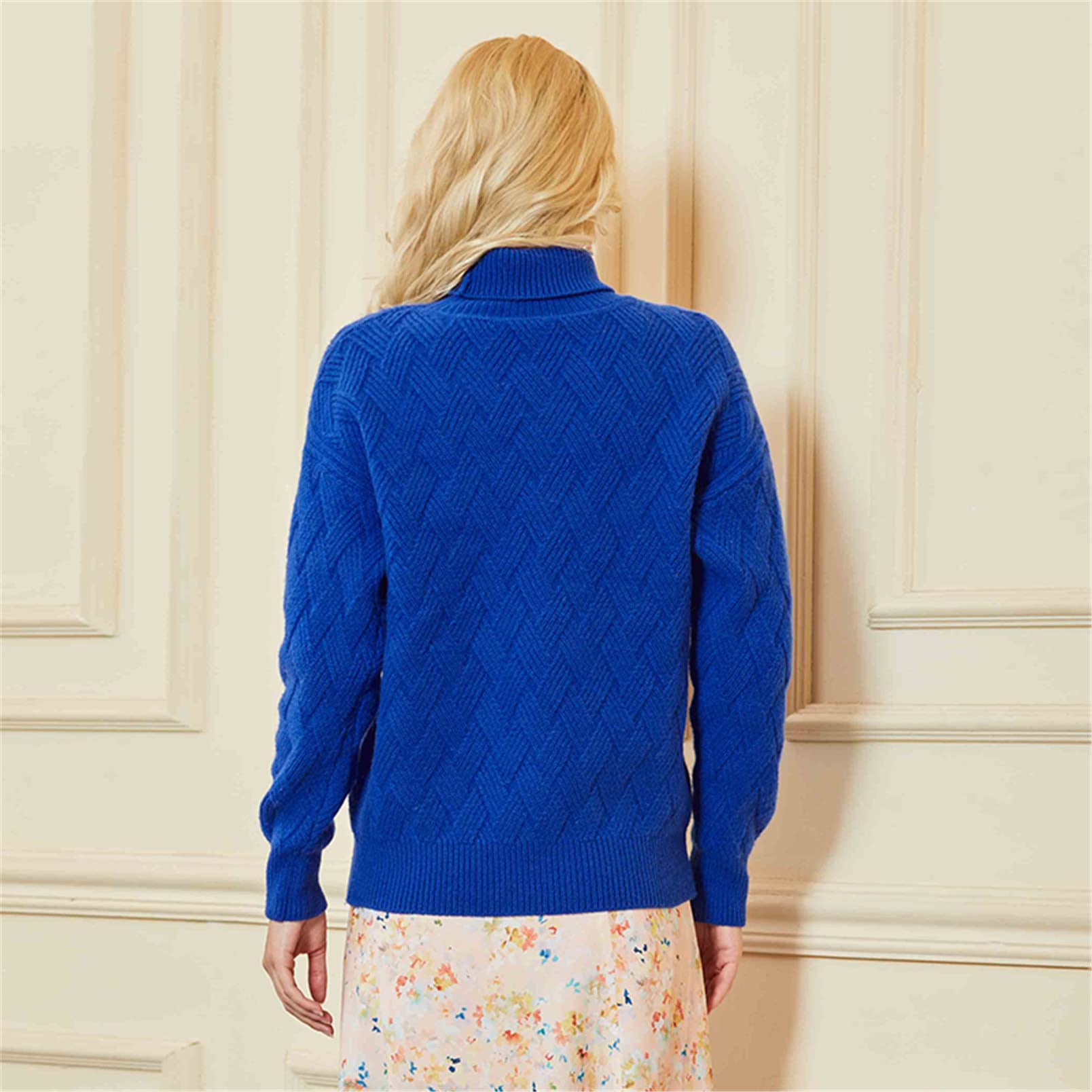 Maglione da donna a collo alto in lana e lana calda, maglione lavorato a maglia, Marrone, M
