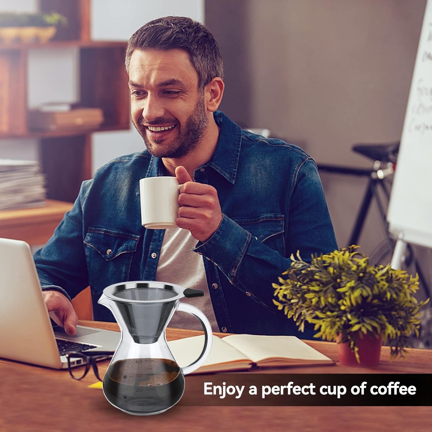 Pour Over Coffee Maker Set with Reusable Stainless Steel Drip Filter Elegant Coffee Dripper Pot Glass Carafe & Permanent Stainless Steel Filter