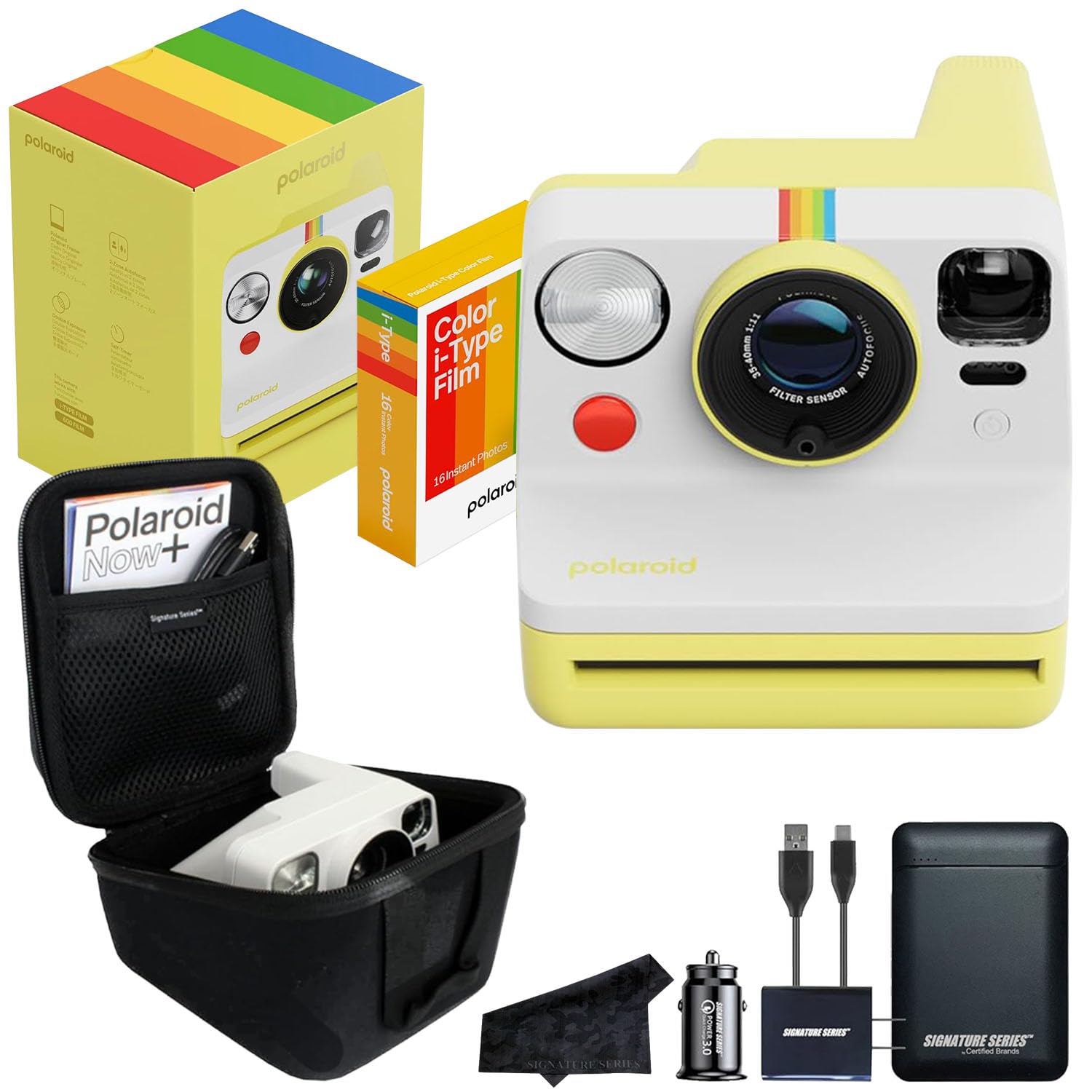 Polaroid Now 3rd Generation i-Type Instant Film Camera with 16 Color Film Photos, Yellow, with Signature Series Power Bundle