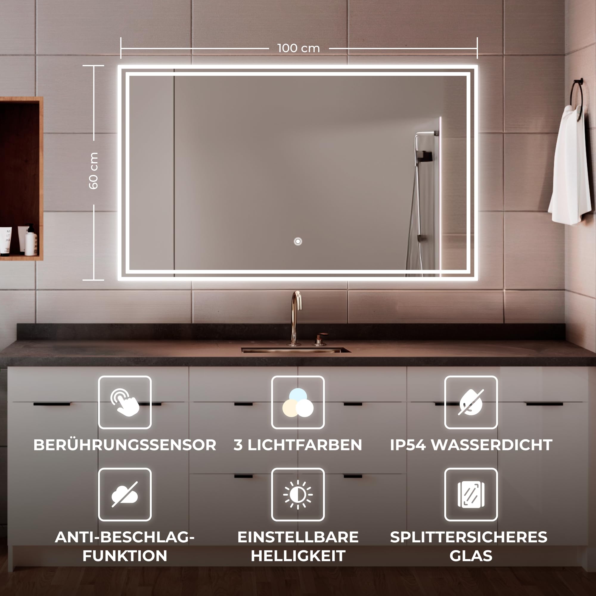 BR Bringer LED Badspiegel - 100x60 cm - Badezimmerspiegel mit Beleuchtung und Anti-Beschlag Funktion - Dimmbar, Energiesparend, 3 Lichtfarben, Touch-Schalter und Speicherfunktion (Modell: BRS107)