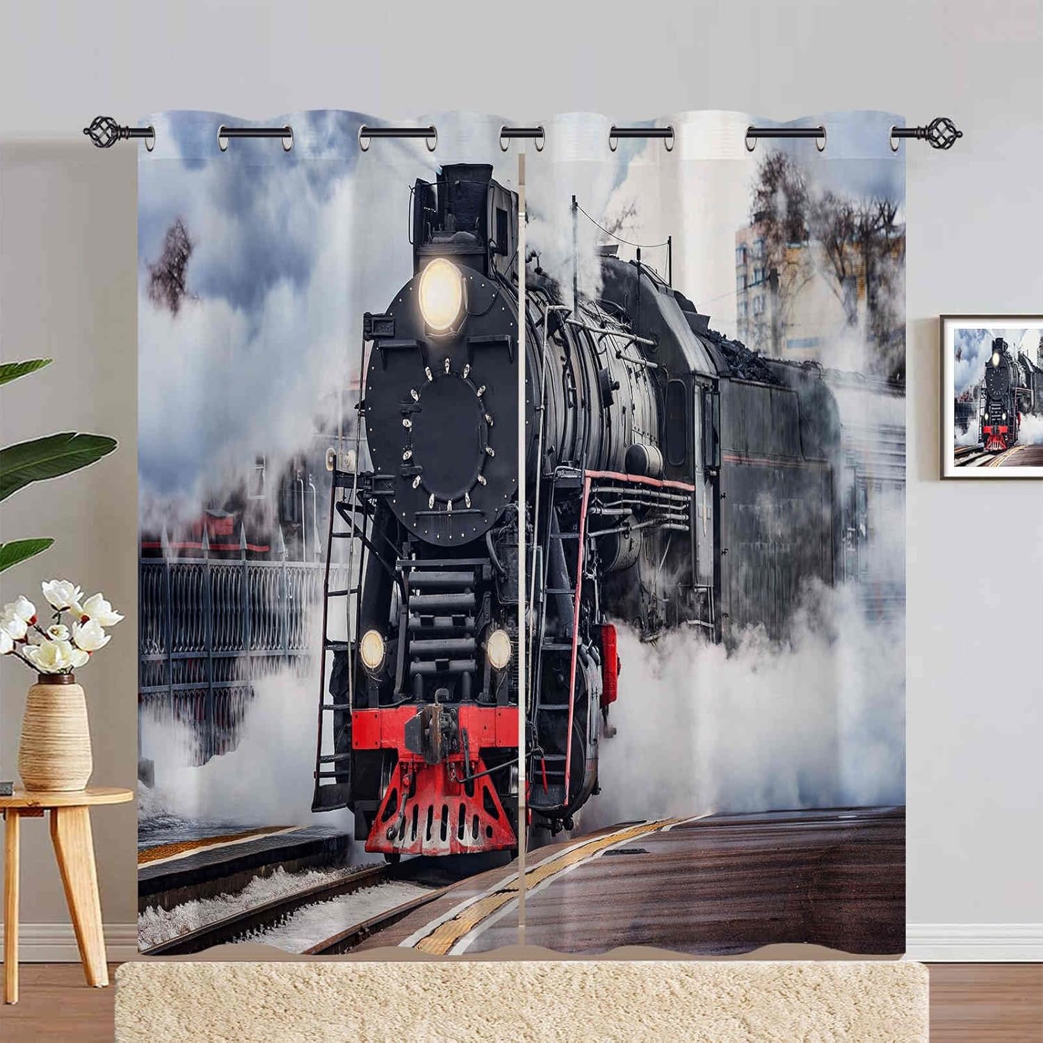 ANHOPE Steam Train Curtains Grommet Light Filtering Window Drapes Retro Steam Engine Locomotive Print Pattern Decorative Curtain Panels for Bedroom Living Room 2 Panels 52 x 84 Inch