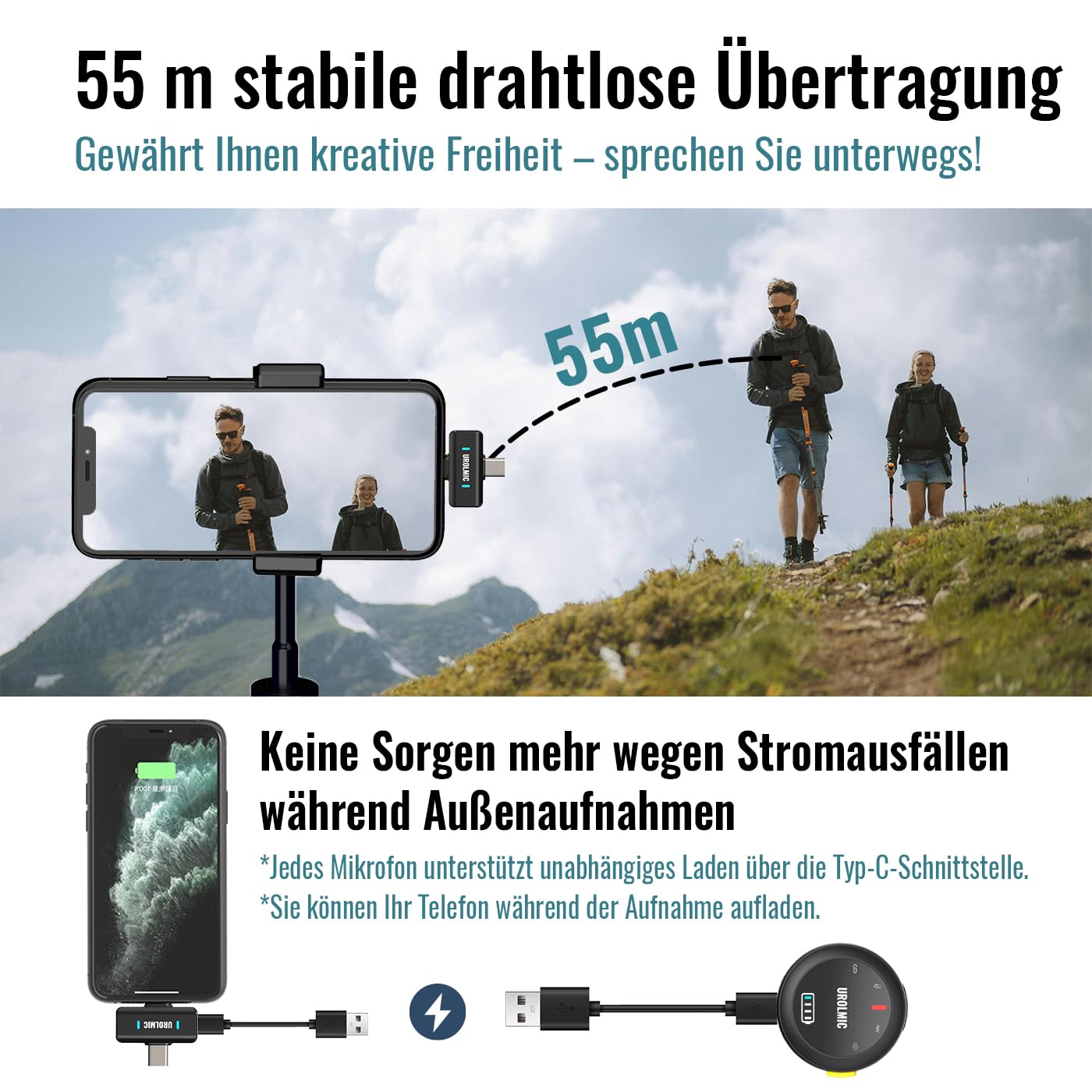 2-in-1 Lavalier-Mikrofon, 40 Std Akku, Profi-NR, Magnetbefestigung, 55m Reichweite, für IOS & Android, Recording, Streaming
