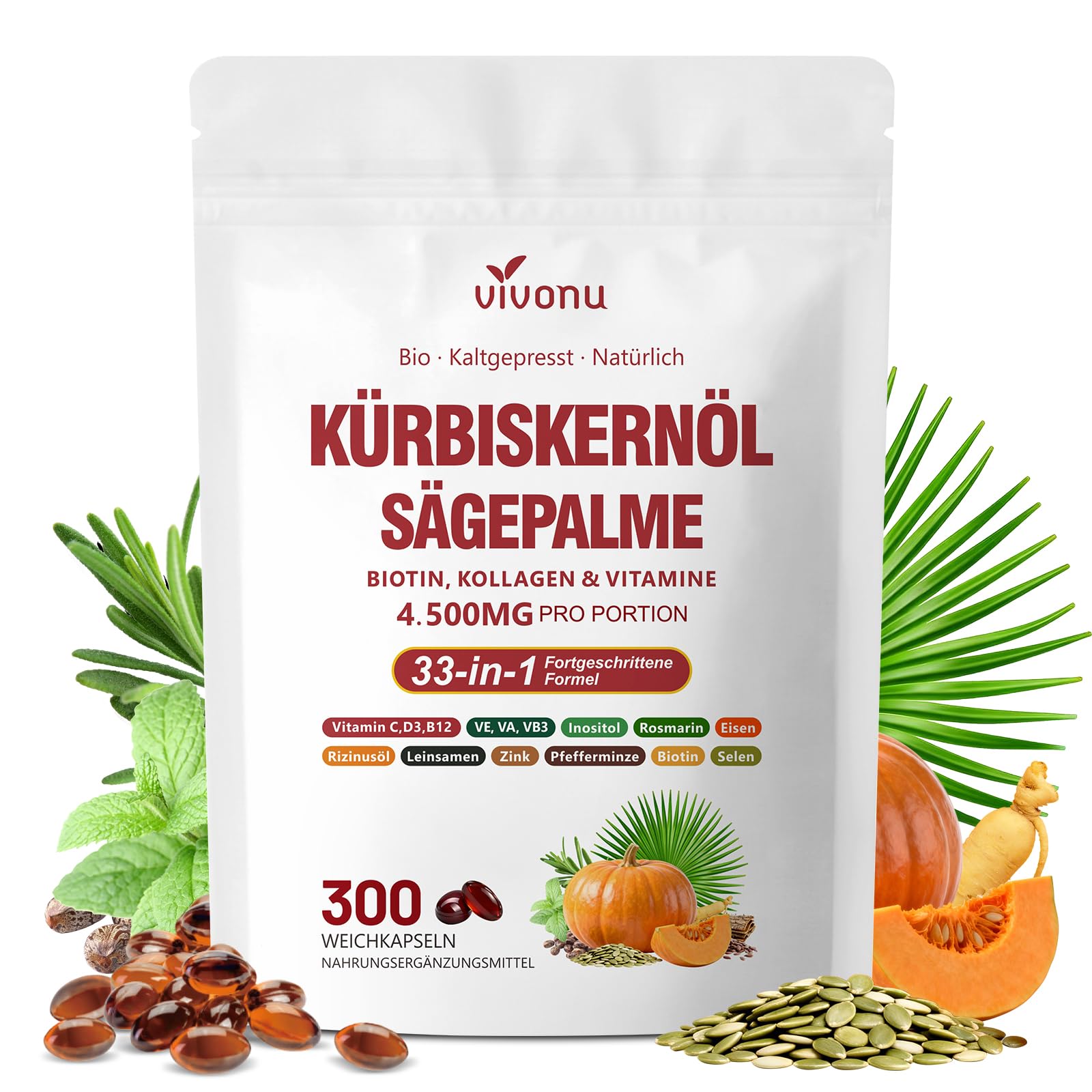 VivoNu Kürbiskernöl mit Sägepalme Kapseln | Prostata Kapseln | DHT-Blocker | 300 Weichkapseln | 4500 mg | Einzigartige Formel 33-in-1 mit Vitamin C, D3, B12, E, A, Zink, Biotin, Eisen