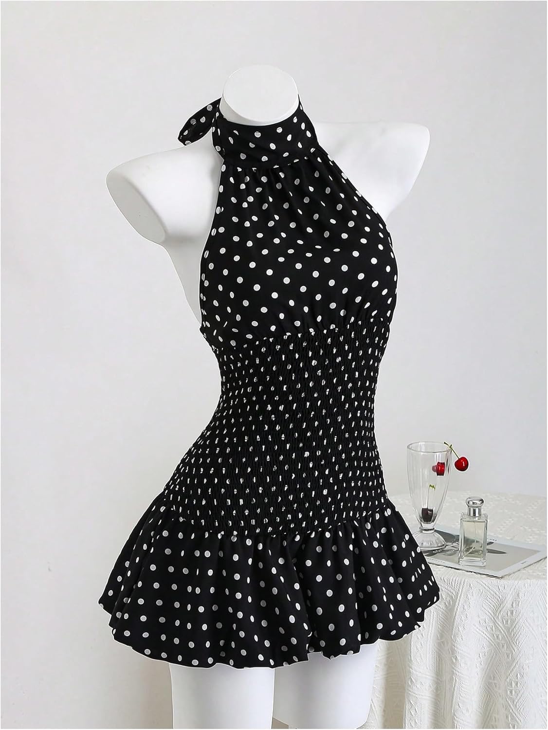 SweatyRocks Women's Polka Dots Halter Mini Dresses Summer Sleeveless Ruffle Shirred Smocked Dress - Image 3