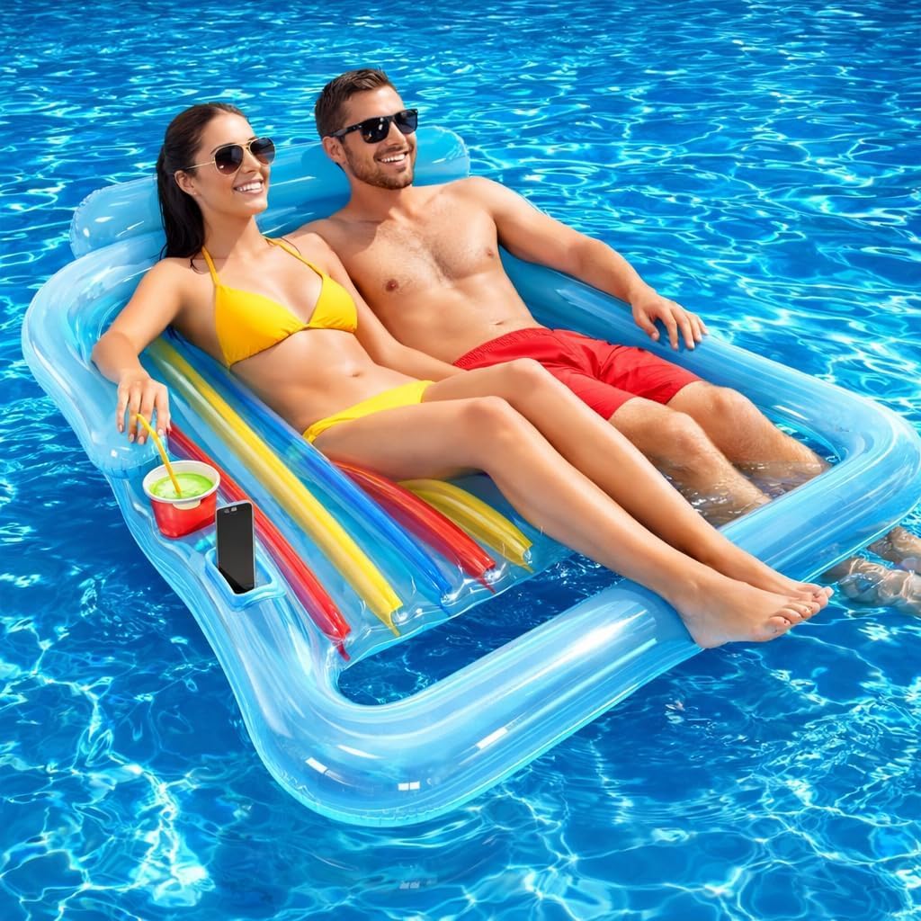 4E's Novelty 2 Person Inflatable Pool Lounger Float for Two Adults with Phone & Cup Holders - Extra Large Heavy Duty Beach Floats, Tanning Pool Rafts, Double Lake Floaties Floating Mat Recliner