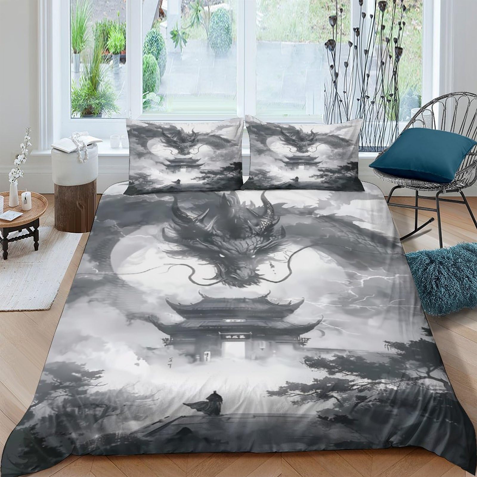 Ctjqhvkz Style-3 3D Printed Chinese Dragon Fitted Sheet Microfiber Soft Grey Ink Style Temple Bed Cover For Bedroom Dorm Decor Single（135X200cm）