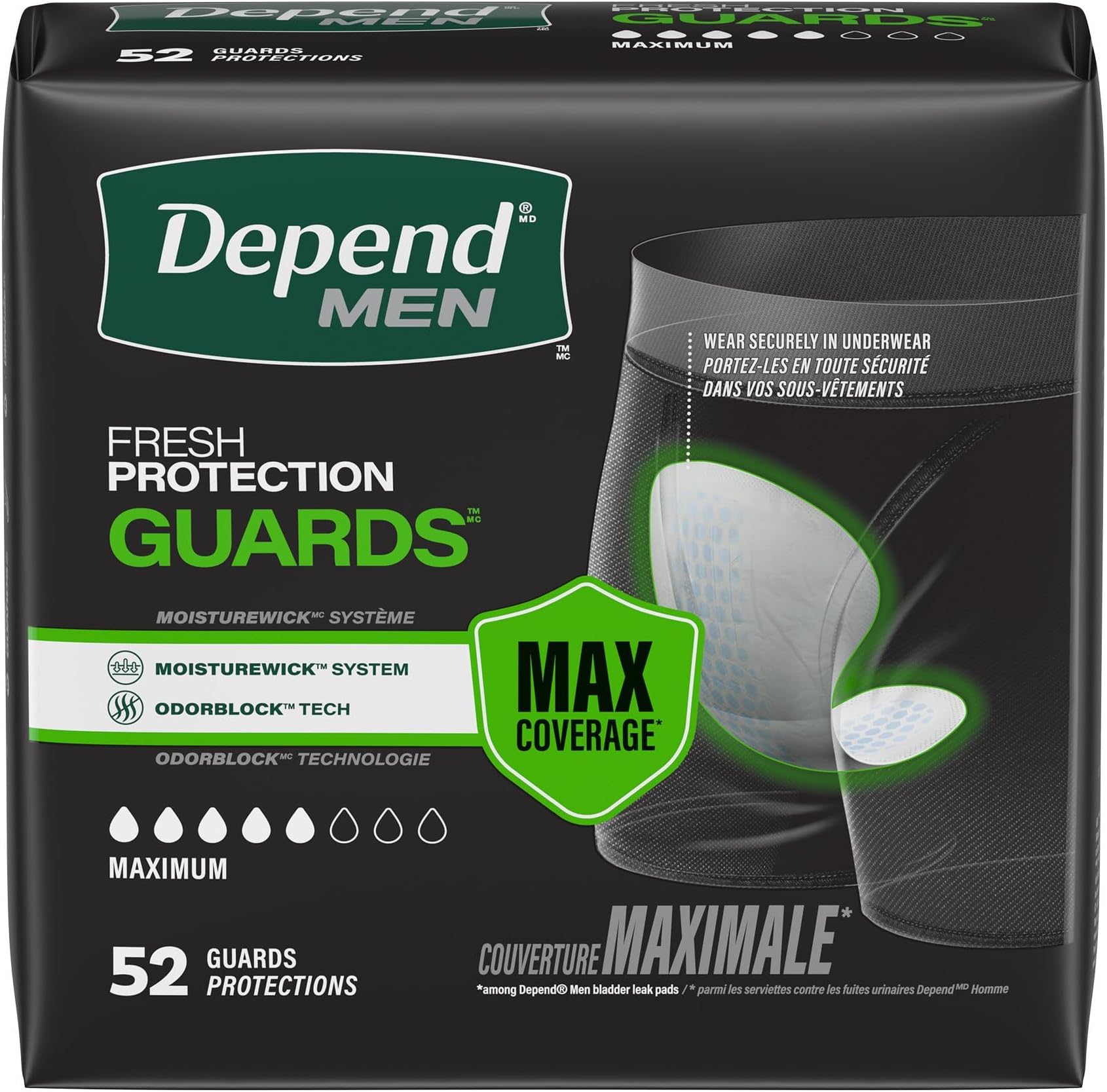 Incontinence Guards for Men, Maximum Absorbency, 52 Count (Packaging May Vary) (2 Pack(52 Count))