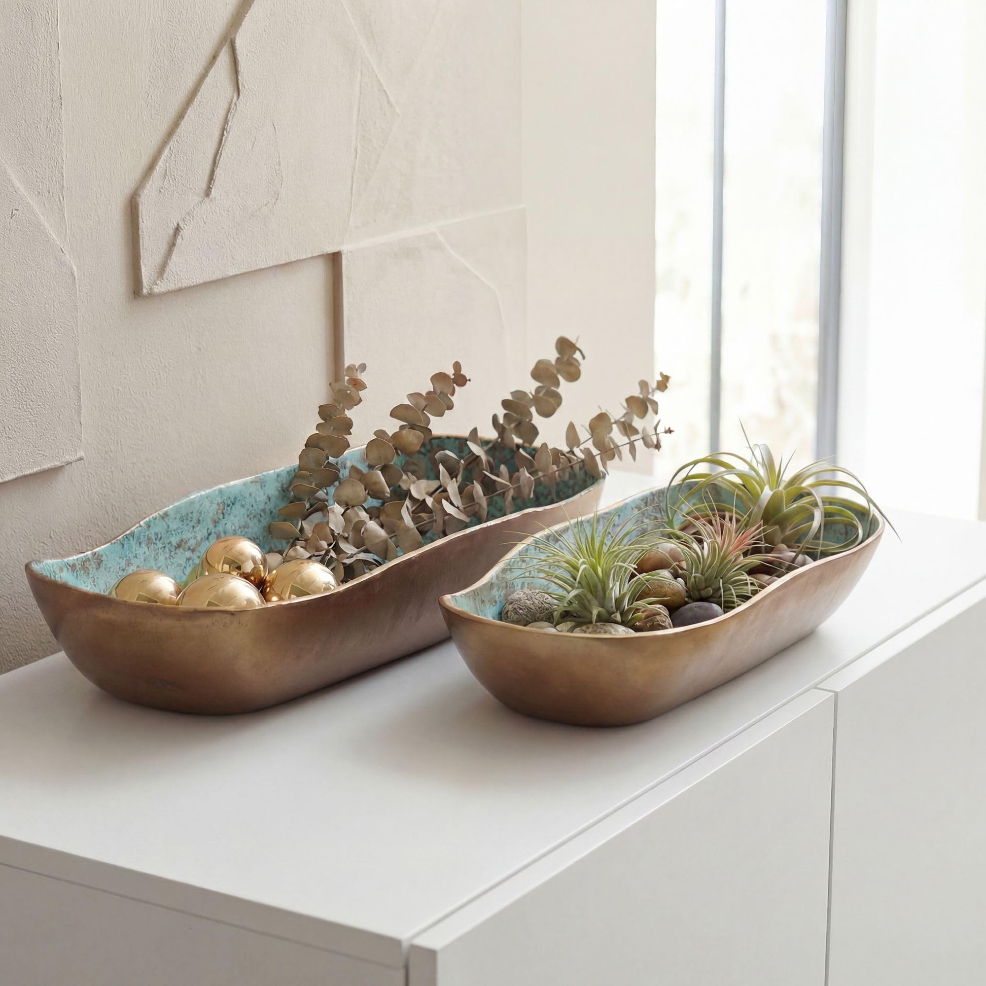 FineBuy Dekoschale 2er Set Aluminium Gold Patina, Oval | Schalen in Schiffchen-Form lebensmittelecht, Obstschale und Tischdeko, handgefertigte Unikate