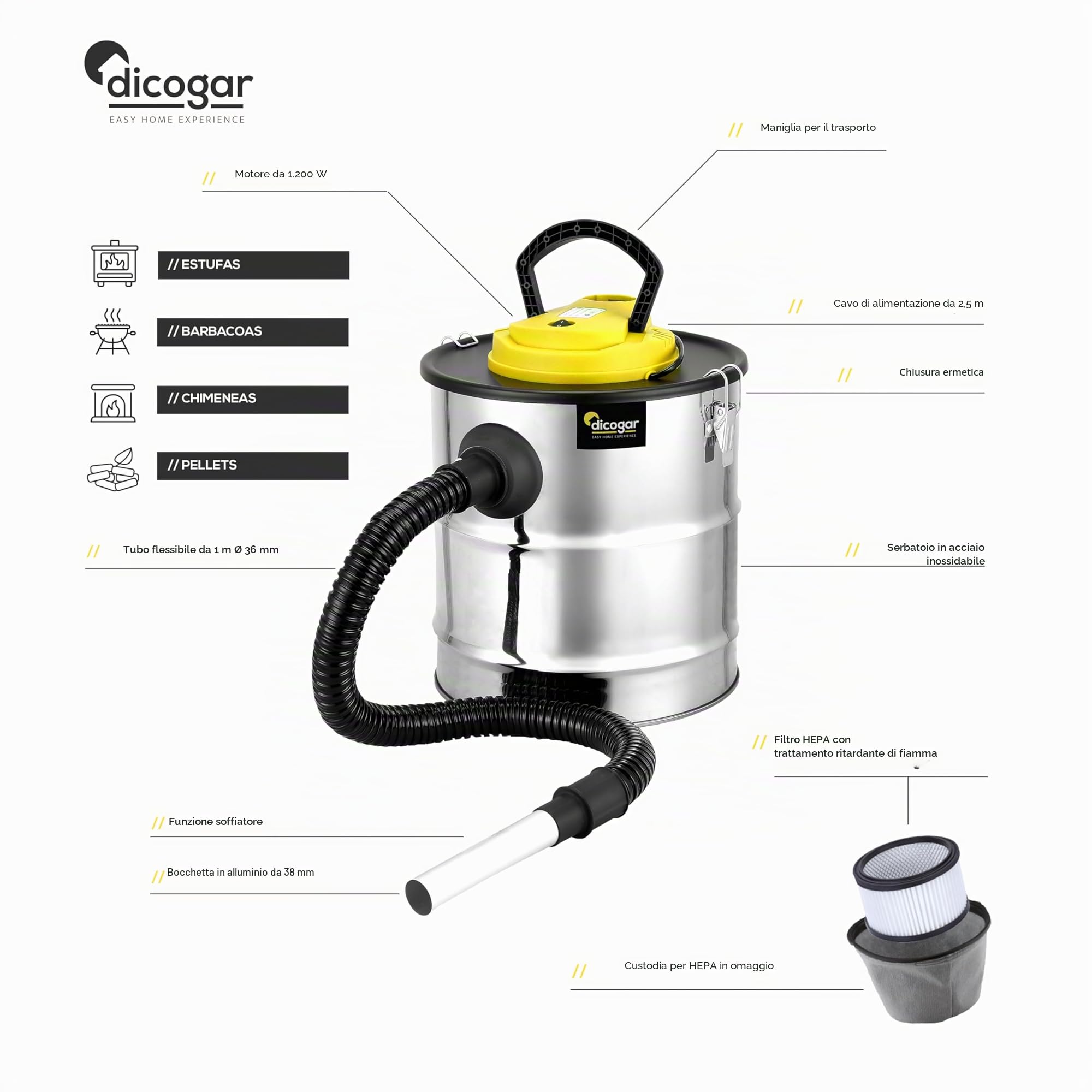 Aspiracenere 20L per Camini e Stufe a Pellet con Soffiatore | Potenza 1200W, acciaio inox, per camini, stufe a pellet e barbecue, include tubo e coprifiltro