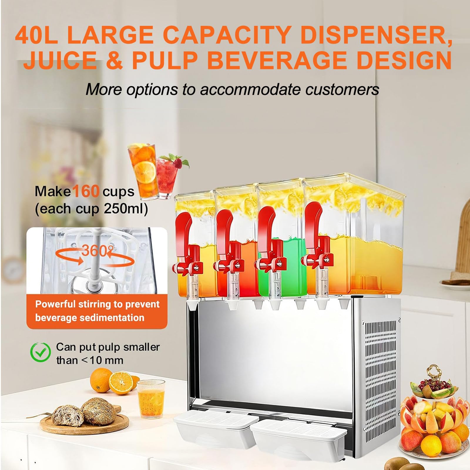 Distributore di Bevande Commerciale, Distributore di Succhi E tè Freddo, con Termostato, in Acciaio Inossidabile, per Ristoranti, Hotel, Feste NoPulp-40LCold