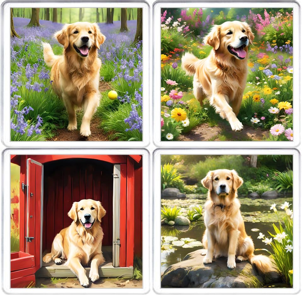 Untersetzer mit Golden Retriever-Motiv, 4 verschiedene Golden Retriever-Hundebilder auf 10 x 10 cm Acryl-Untersetzer. Untersetzer-Set in Box