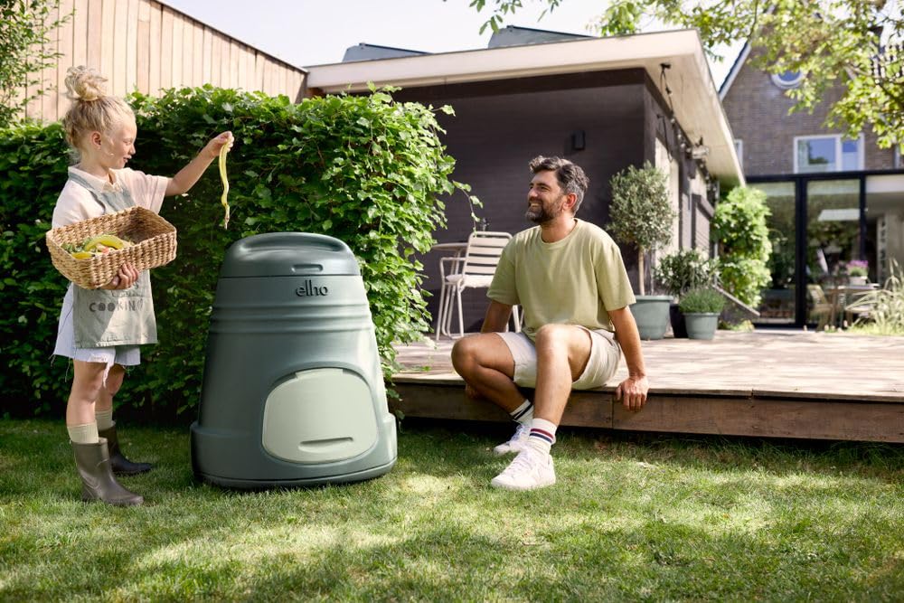 Elho Green Basics kompostownik ogrodowy, 200 l, 100% plastik z recyklingu, Ø dł. 66,6 x szer. 65,0 x wys. 72,5 cm, zielony/zielony liściasty