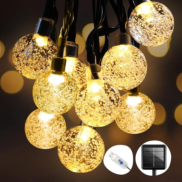UpgradeUSB/Solar PoweredHalloween Solar Fairy Lights Garden Lights Outdoor,50LED 8M/26Ft & IP65 Waterproof Fairy Lights,Crystal Ball String Lights for Tree, Patio, Yard, Party, Halloween Decoration