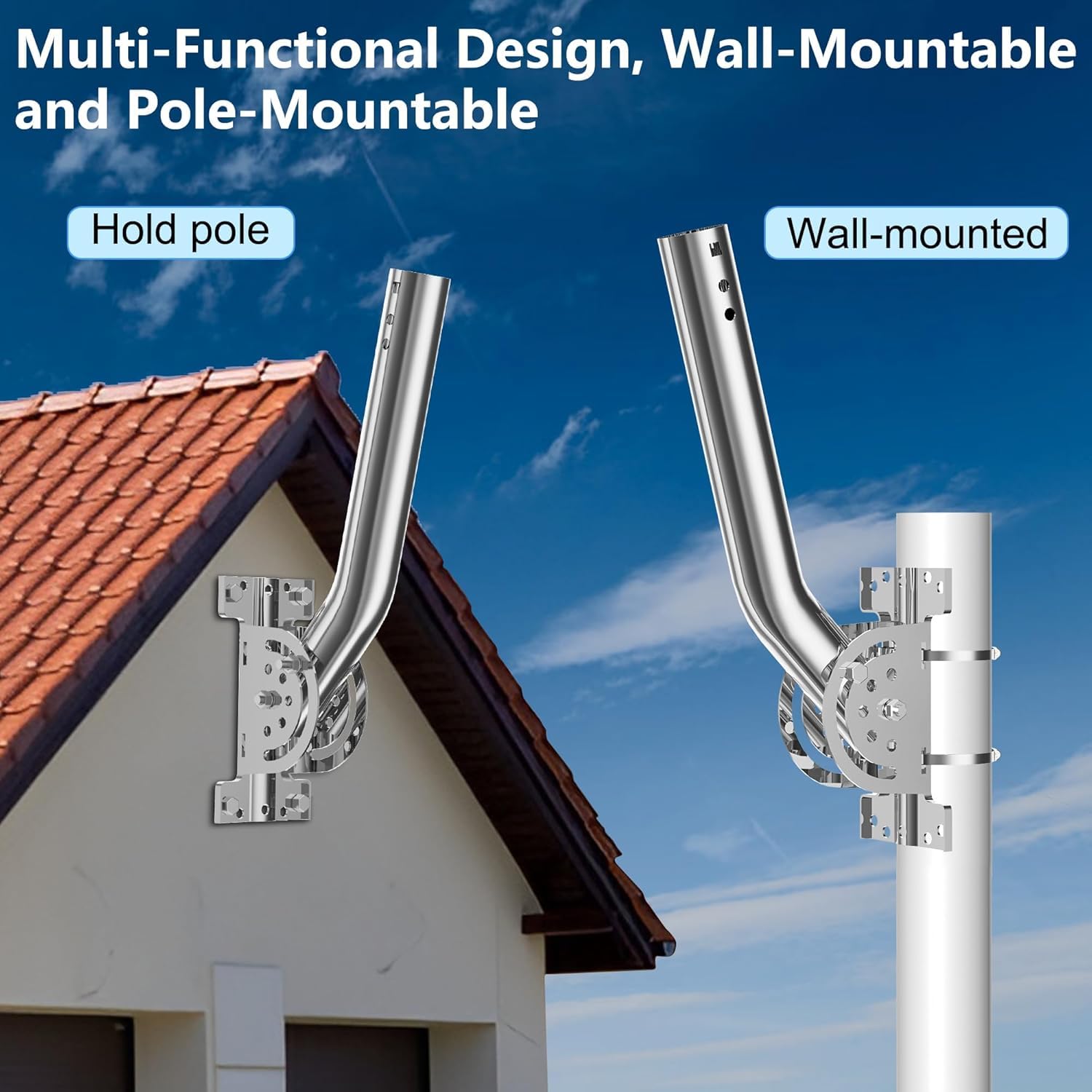 Supporto per Asta Antenna Heavy Duty in Acciaio Inox, Palo/Staffa da Parete Regolabile con Braccio Pivotante a J, 12''H x 1,38'' Dia, per Antenne Esterne, Sensori Meteo Wireless, Access Point