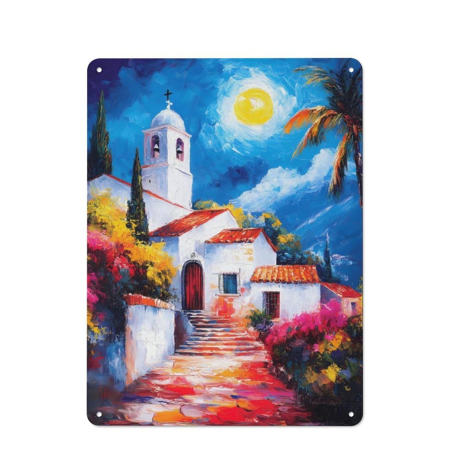 Junmoney Mediterranean Village At Night Tin Wall Plaque 40X30cm With For Pub Or Café, Suited To Pub Decor Enthusiasts, For Retro Home Interiors