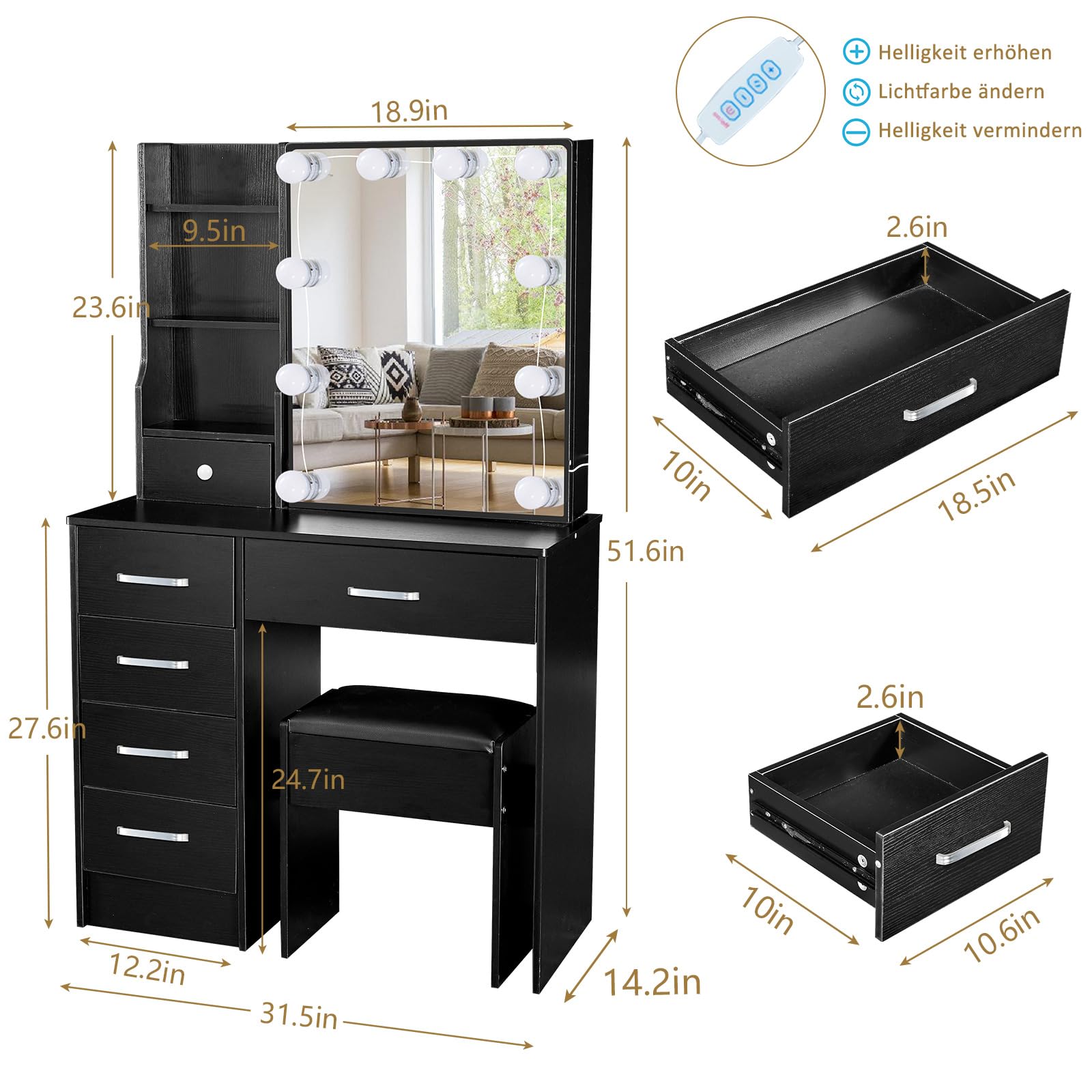 Tocador con iluminación, mesa de maquillaje con taburete para maquillaje, mesa de cosméticos con cajones y espejo, brillo ajustable, moderno, 130x80x36 cm, negro