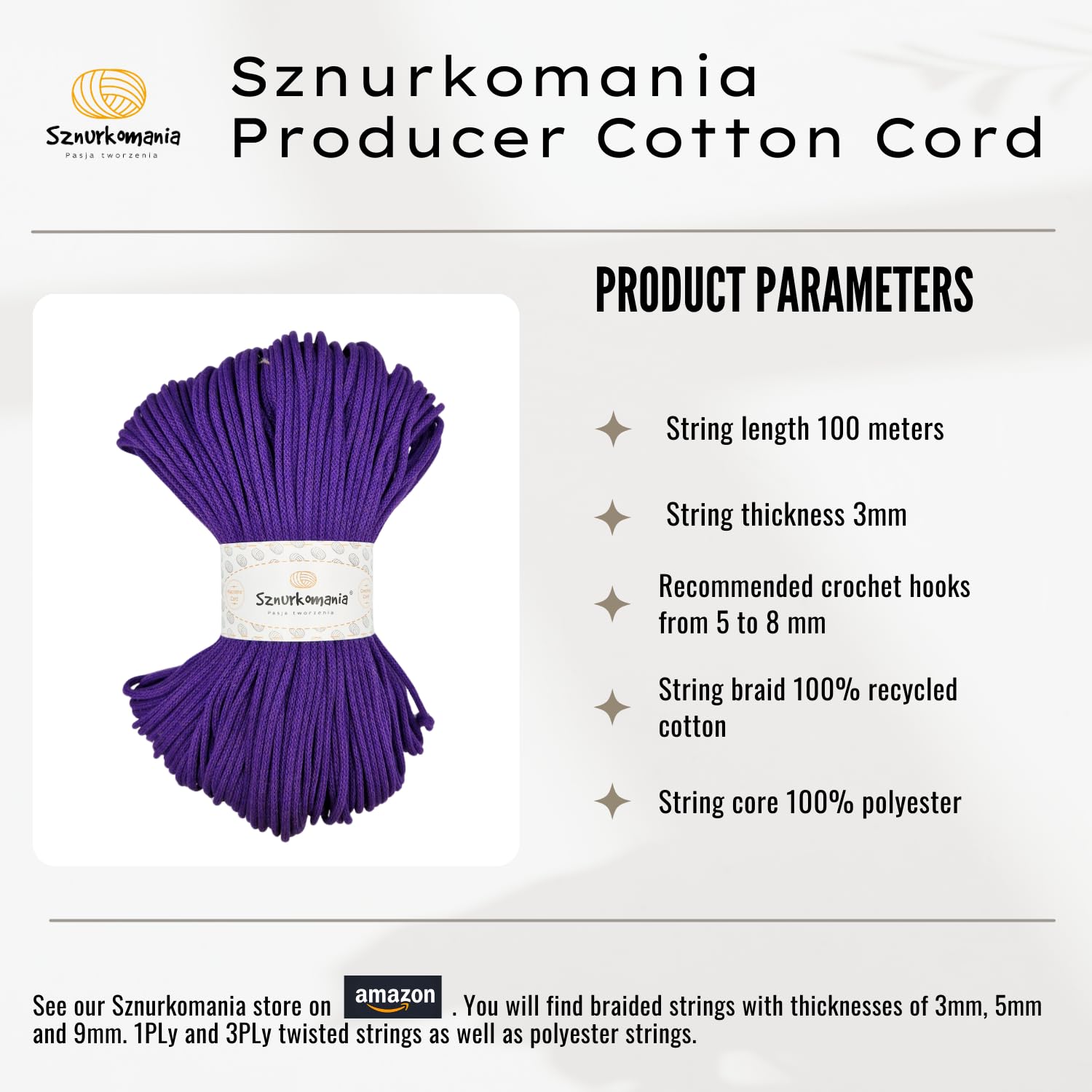 Braided Cotton Cord 3mm 100m, 46 Colors, Crochet Cord, Macrame Cord, Macrame Yarn, Premium Yarn, Macrame Rope, Sznurkomania (Plum)