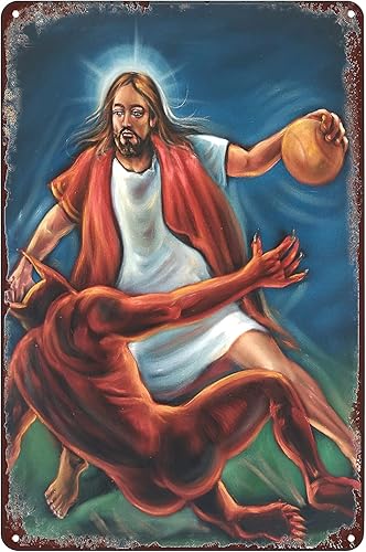 SREELEATHERS Cartel de metal de Jesucristo contra el diablo Satán en el baloncesto letrero de hojalata para decoración de pared placa para el hogar