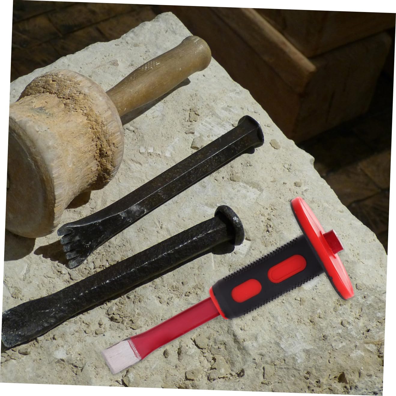 Set 2 Scalpelli a Freddo per Muratura 25 CM in Acciaio al Cromo Vanadio Temprato Impugnatura Antiscivolo e Protezione Mano in Gomma Utensili per Intaglio e Demolizione Pietra