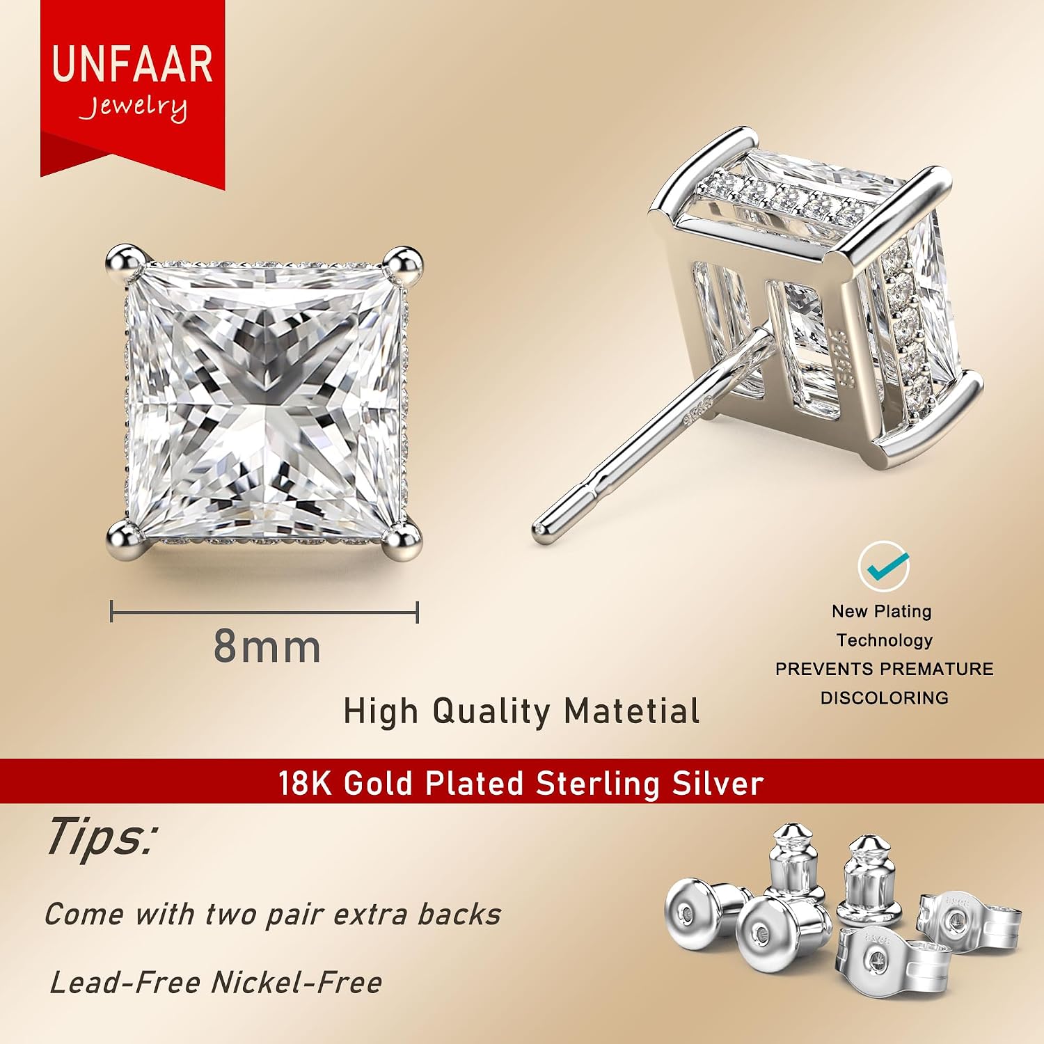 18K White Gold Plated Sterling Silver Princess Cut Cubic Zirconia Stud Earrings Square CZ Diamond Stud Earrings for Women Men Hypoallergenic